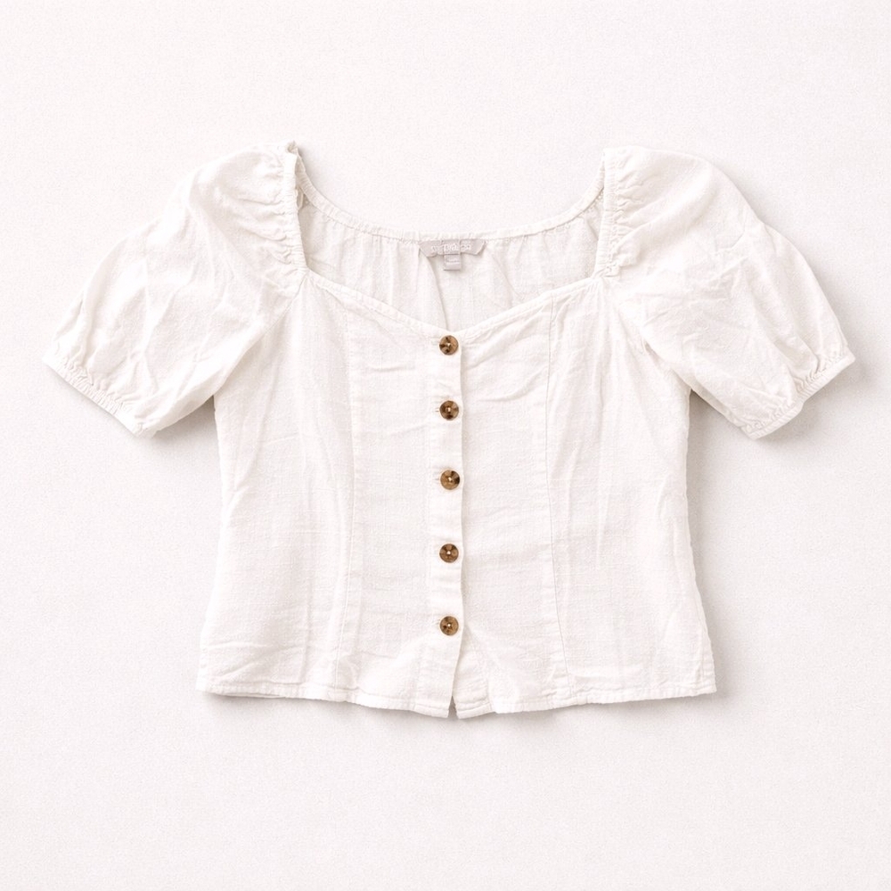 Women's White Boho Puff Sleeve Flax Blend Button-Up Top Size Small